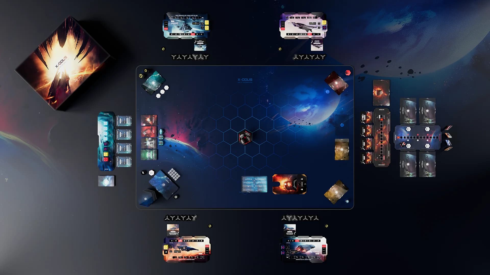 X-ODUS Second Edition set up for four players on a starfield