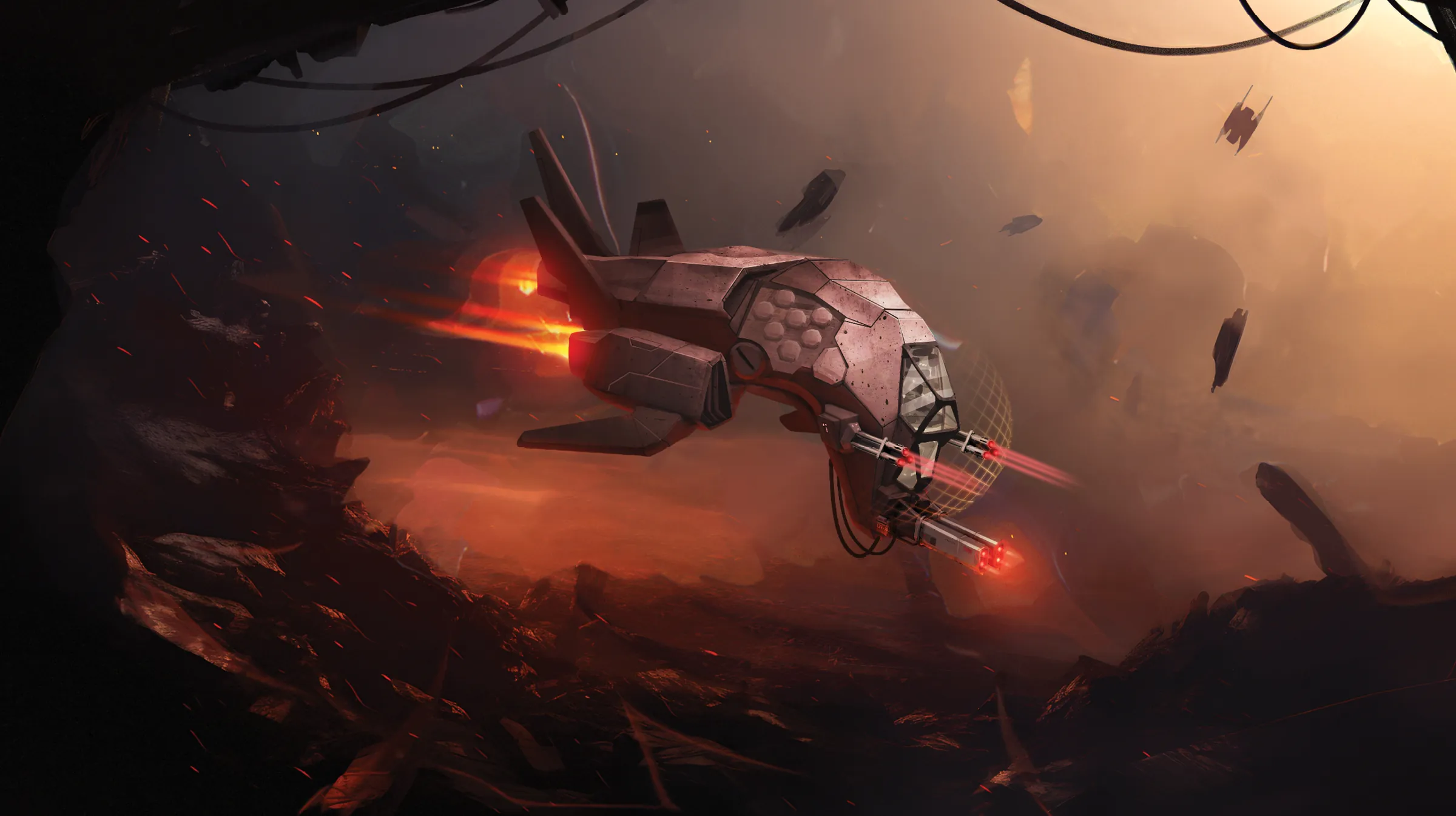 The Warship firing its twin cannons through a burning debris field