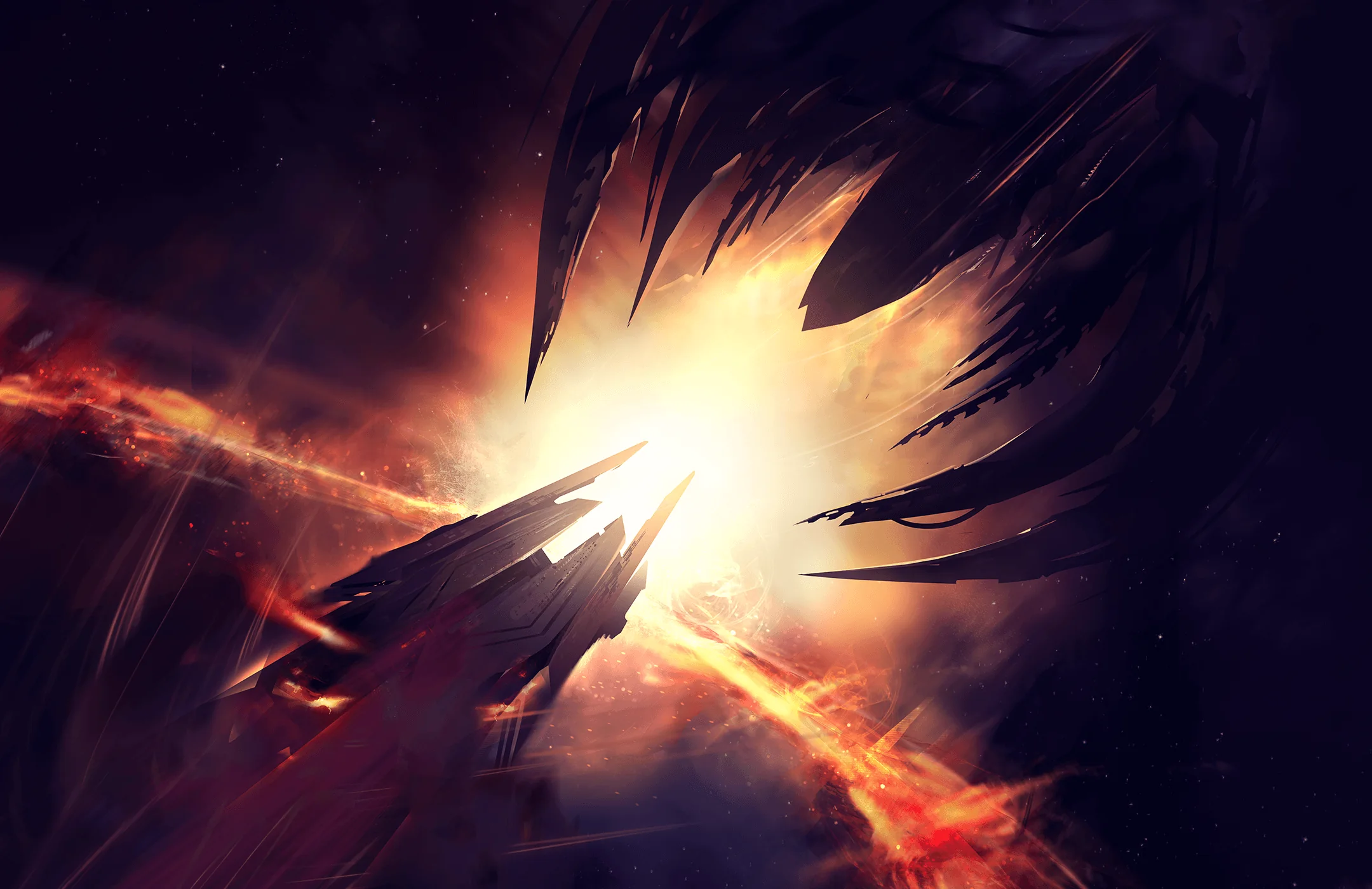 A ship bursting through a corrupted star