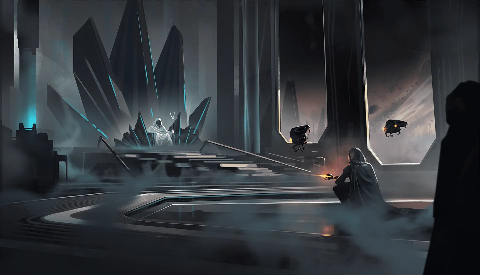 Hooded figures in a cathedral of dark monoliths