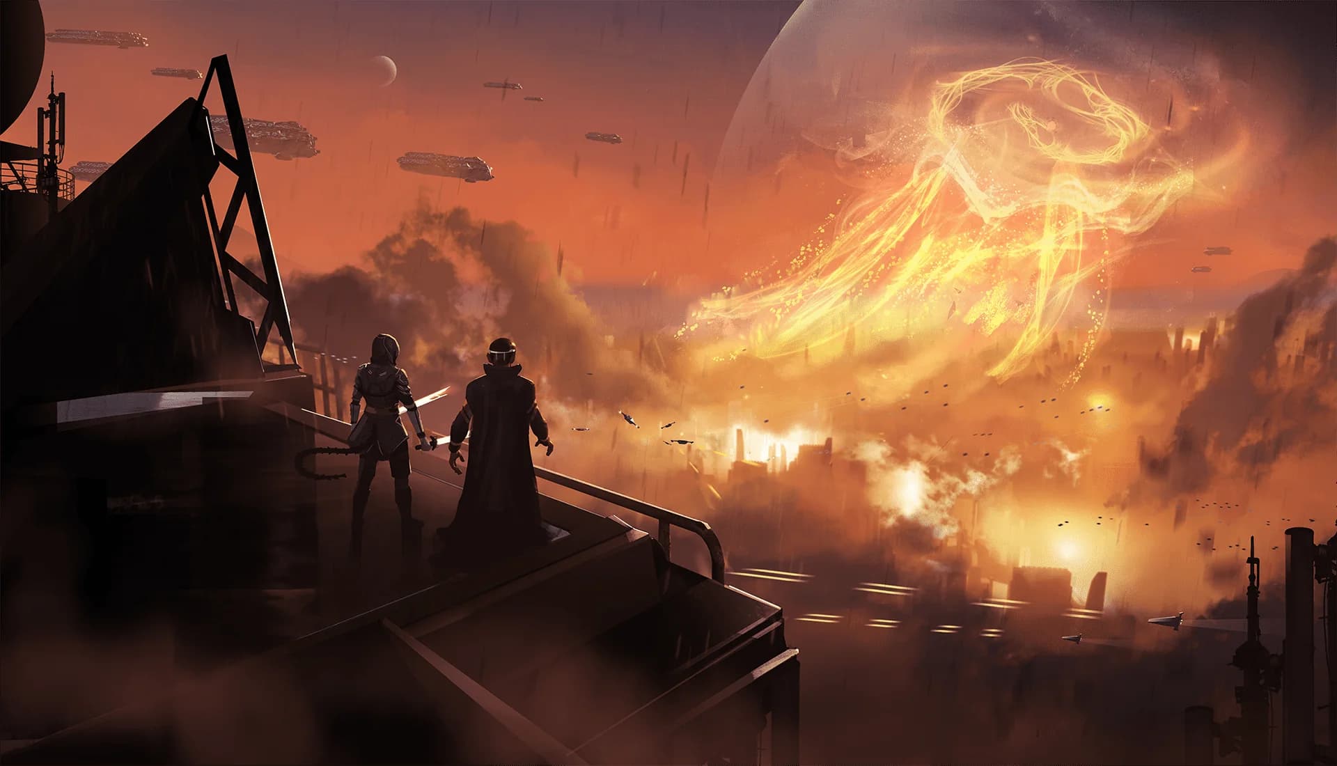 Two figures watching a burning sky from a balcony