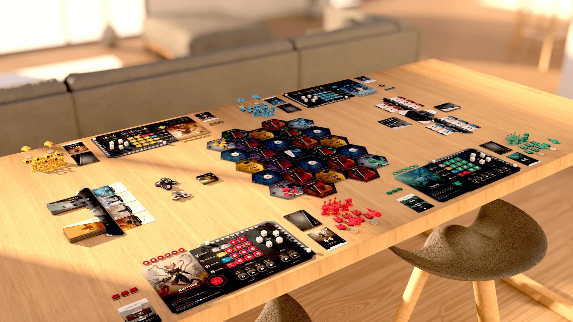 Fractal set up for four players on a wooden table